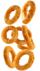 Fototapeta premium Crispy onion rings falling on transparent background