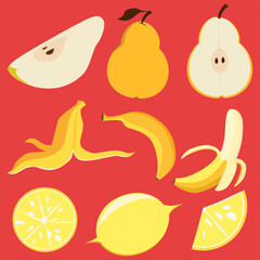 Set of yellow fruits on a red background. Yellow and orange fruits and vegetables. Set of stickers slices and pieces of fruit. banana in a peel and a bitten banana, banana peel. Stickers, stickers