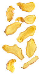 Naklejka premium Dried ginger chips falling on transparent background