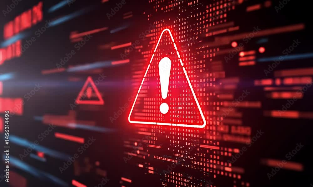 Poster red triangle alert sign on digital data background