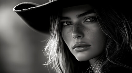 Woman with a cowboy hat is staring at the camera. The photo is black and white, giving it a classic and timeless feel. The woman's expression is serious and focused