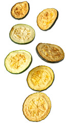 Dried zucchini chips falling on transparent background