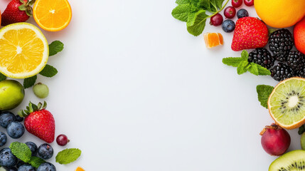 Fresh fruits arranged beautifully with vibrant colors, including oranges, strawberries, blueberries, and mint leaves, creating refreshing