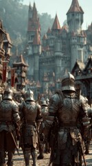 Medieval knights in armor marching toward a grand castle in the distance.