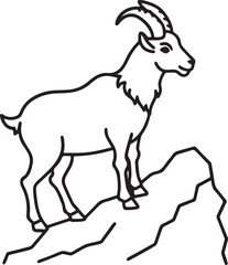 Majestic Goat on Mountain Peak line art, black outline, vector and illustration, coloring book page line art drawing