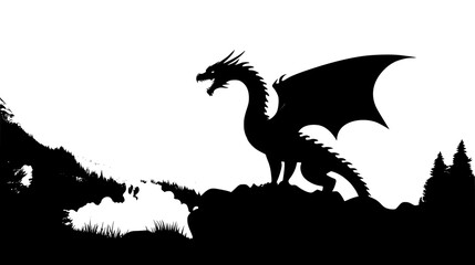 Dragon Breathing Fire Across Landscape, vector graphic