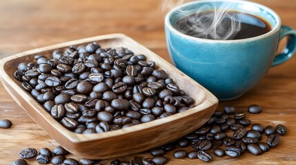 Fototapeta premium Roasted Coffee Beans in Wooden Bowl with Cup of Coffee