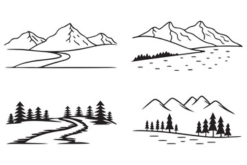 Mountain Landscape Line Art Illustration Set, Vector Nature Scenes with Trees and Trails, Black and White Scenic Outdoor Graphic Collection