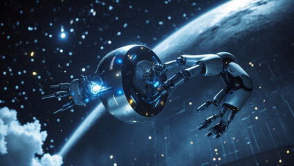 Futuristic spacecraft with robotic arms traveling through space against a background of a planet