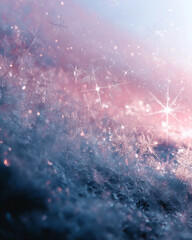 A snow-covered landscape with a pink and blue sky