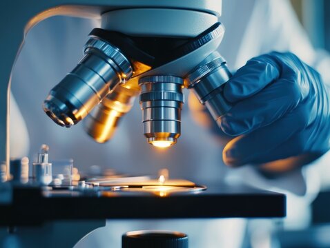 Close-up of scientist using microscope in lab