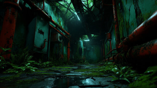 Abandoned tropical research outpost with overgrown vegetation, rusty pipes, and dim lighting creates eerie atmosphere. scene evokes sense of mystery and exploration