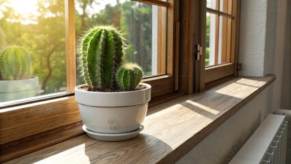 A bright green cactus in a ceramic pot on a windowsill.