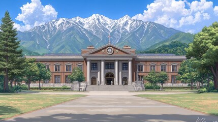 Fototapeta premium Scenic classical building artwork nestled against majestic mount