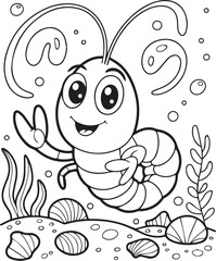 Naklejka premium Cute cartoon shrimp in underwater scenery black line art vector illustration for children coloring book