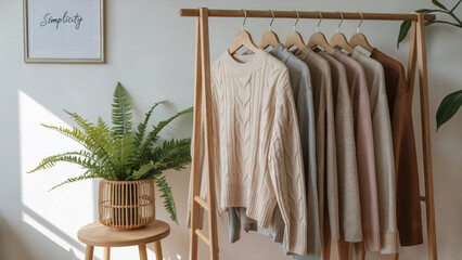 Organized Elegance: A stylish clothes rack displays a curated collection of sweaters, embodying simplicity and tasteful design within a serene, well-lit space.