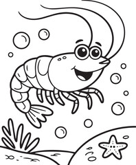 Cute cartoon shrimp in underwater scenery black line art vector illustration for children coloring book