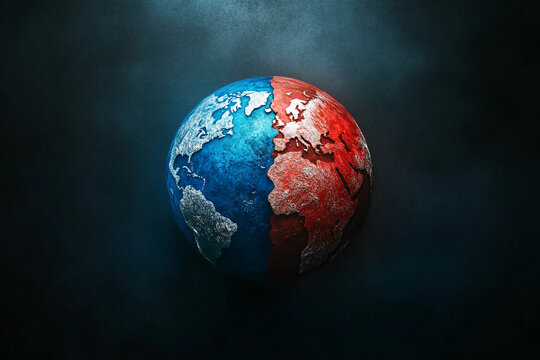 A divided world blue and red globe representing global conflict or contrasting ideologies
