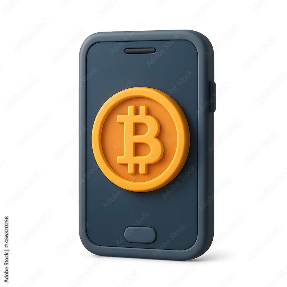 Poster 3d render of a smartphone displaying a bitcoin icon representing cryptocurrency and digital finance 