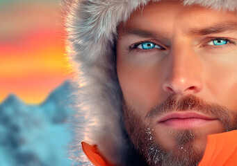 Man with a beard and blue eyes is wearing a white hat and orange jacket. The image has a mood of adventure and excitement, as the man is dressed for a cold and snowy environment