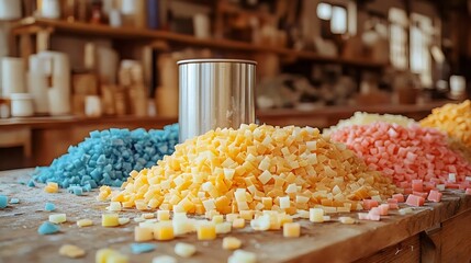 Fototapeta premium A colorful display of wax cubes, meticulously prepared for candle making in a workshop.