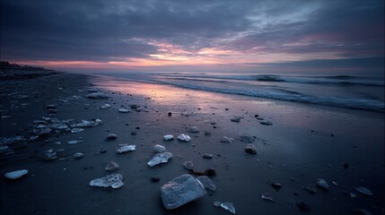 A dramatic seascape at sunrise features icy rocks scattered on a sandy beach with soft waves gently approaching under a colorful, cloud-filled sky.