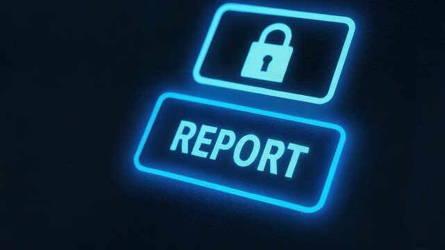 Report button concept with finger pressing to lock and protect data security in digital technology for enhanced protection and corruption prevention