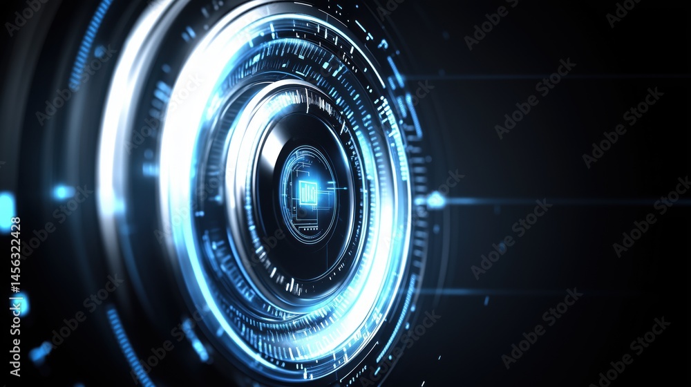 Poster futuristic technology interface with glowing blue elements showcasing digital patterns in a dark set