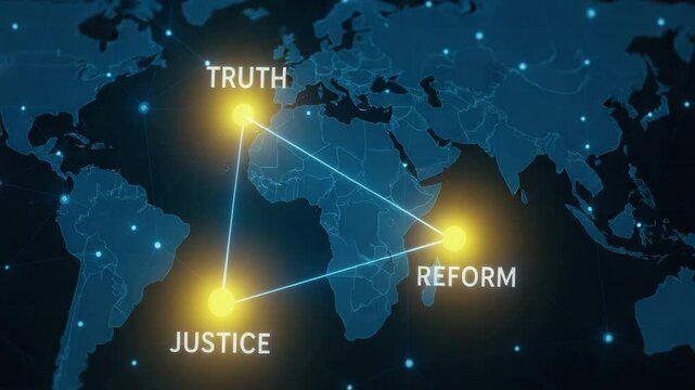 Stop corruption with justice truth and reform connected by glowing points on dark global network for strong connection and global impact