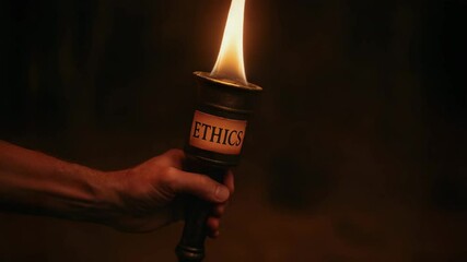 Torch flame passed by hand to stop corruption, light fire of ethics and inspire integrity in powerful symbolic gesture