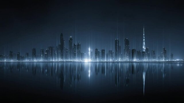 A futuristic city skyline illuminated at night with reflections on water, showcasing advanced architecture