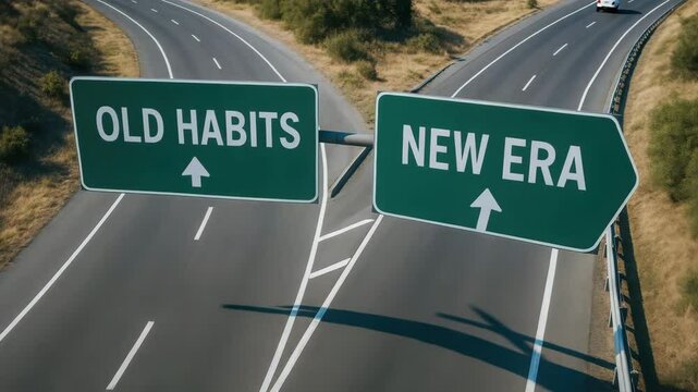 Old habits stop corruption concept with road signs and clear direction highway, cars driving asphalt street for traffic and transportation change