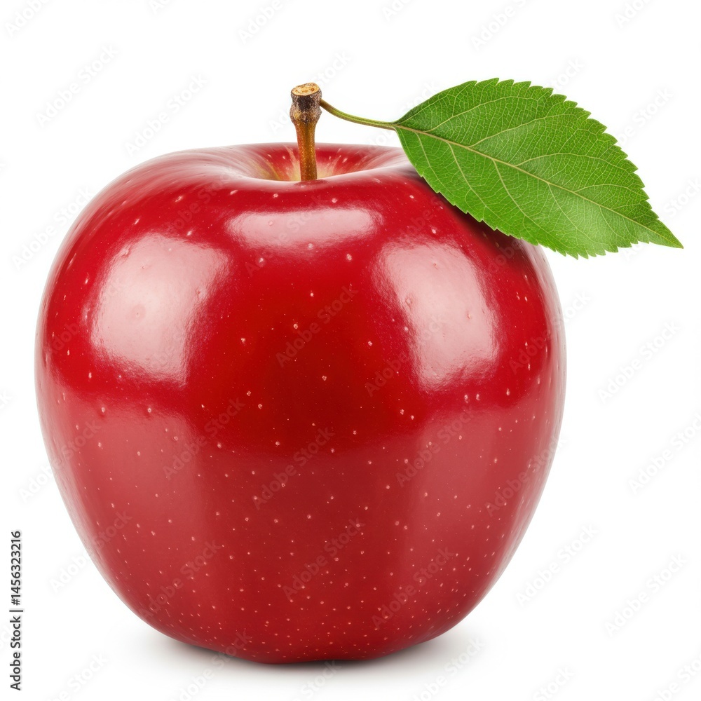 Aufkleber a single shiny red apple with a green leaf and stem isolated on a white background in close up view