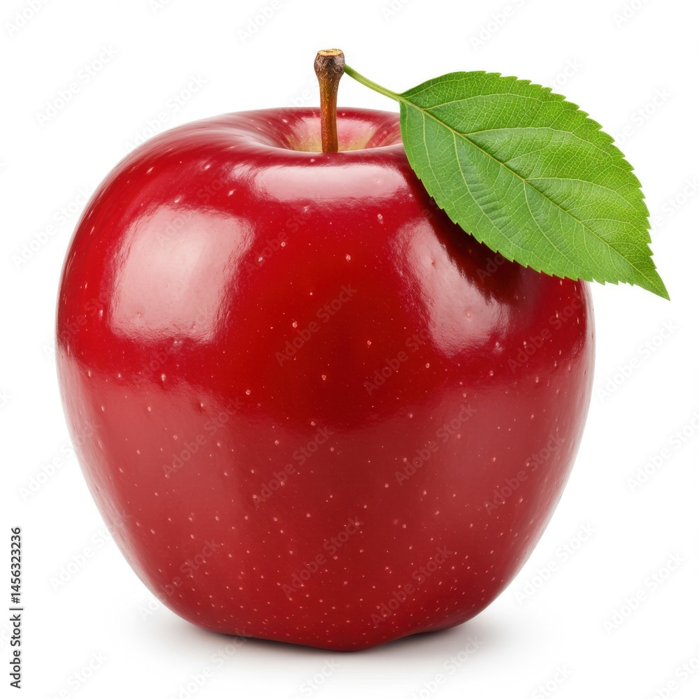 Poster a shiny red apple with a stem and a green leaf isolated on a white background in a studio setting