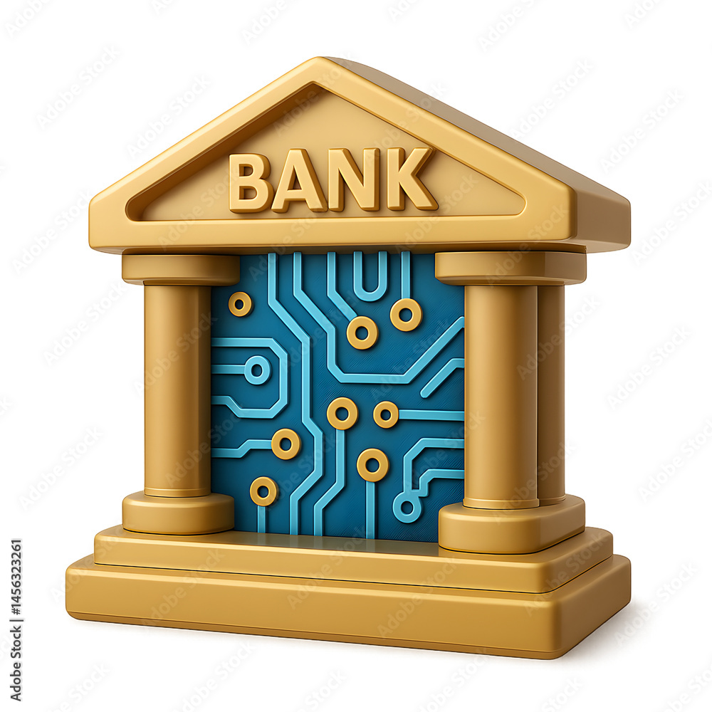 Poster a stylized golden 3d icon of a bank building featuring a modern blue circuit board design within its