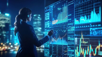 Analyst reviewing Q2 financial data on a futuristic interface glowing city backdrop