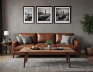 Brown leather couch, wooden dining table, black & white photos, grey wall, chic decor,  home decor,  setting,  black and white photos
