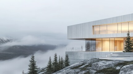 Fototapeta premium Modern house perched atop a mountain ridge, overlooking a misty landscape