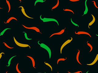 Seamless vector pattern featuring spicy capsicum silhouettes. Repeating chili pepper shapes on a black background. Great for food design, wrapping paper, textiles, labels, and prints