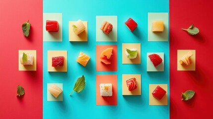 Colorful sushi arrangement on vibrant squares
