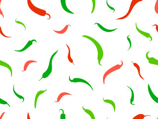 Seamless vector pattern featuring spicy capsicum silhouettes. Repeating red and green chili pepper shapes on a white background. Great for food design, wrapping paper, textiles, labels, and prints