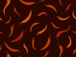 Seamless vector pattern featuring spicy capsicum silhouettes. Repeating red chili pepper shapes on a dark red background. Great for food design, wrapping paper, textiles, labels, and prints
