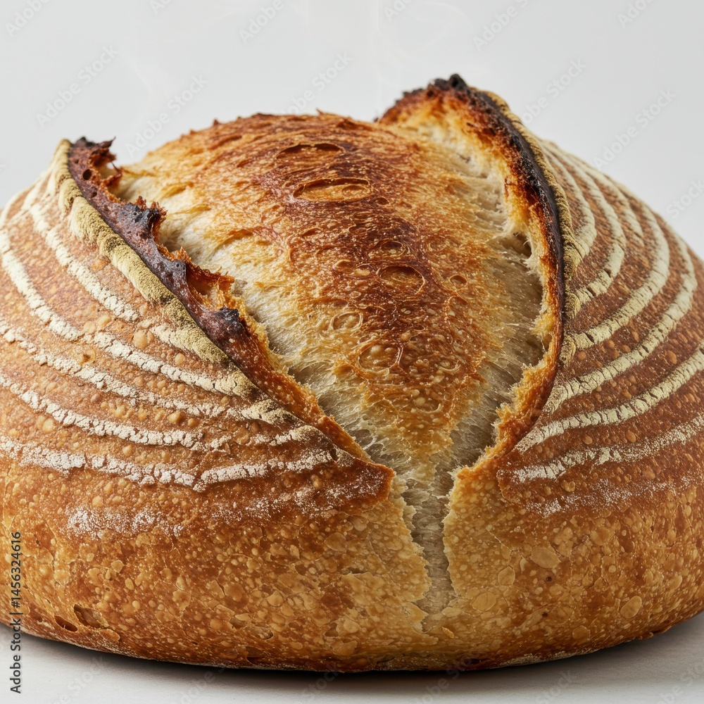 Poster a close up shot of a loaf of crusty bread with scoring marks on a white background surface view