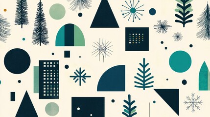 Abstract geometric pattern with stylized christmas trees, shapes, and snowflakes.