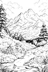 Obraz premium Winding Trails Through Alpine Meadows, coloring book style, vector graphic