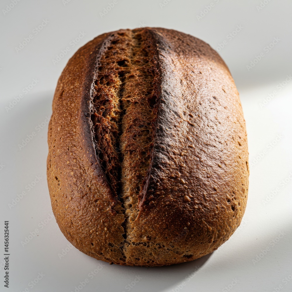 Poster a loaf of dark rye bread with a visible crease on a white surface in a studio setting with shadows