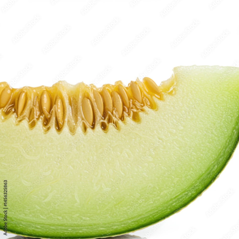 Poster a single slice of honeydew melon with a bite taken out of it on a plain white background studio shot