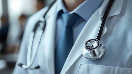 Detail shot of a doctor's white coat with stethoscope around the neck, ready to serve.