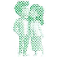 A cartoon couple in love standing kissing at each other with halftone retro modern
