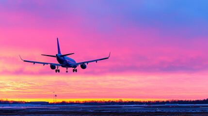 Obraz premium Stunning airplane ascending against vibrant sunset sky, showcasing hues of pink and purple, creating serene atmosphere